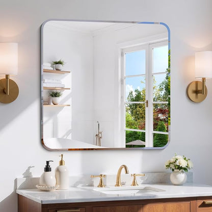 CILIBER Beveled Mirror, 30x30 Square Bathroom Mirror Rounded Corner, 3mm Tempered Glass, 18 inch Frameless Vanity Mirror with Beveled Edge for Bathroom, Bedroom, Living Room and Entryway