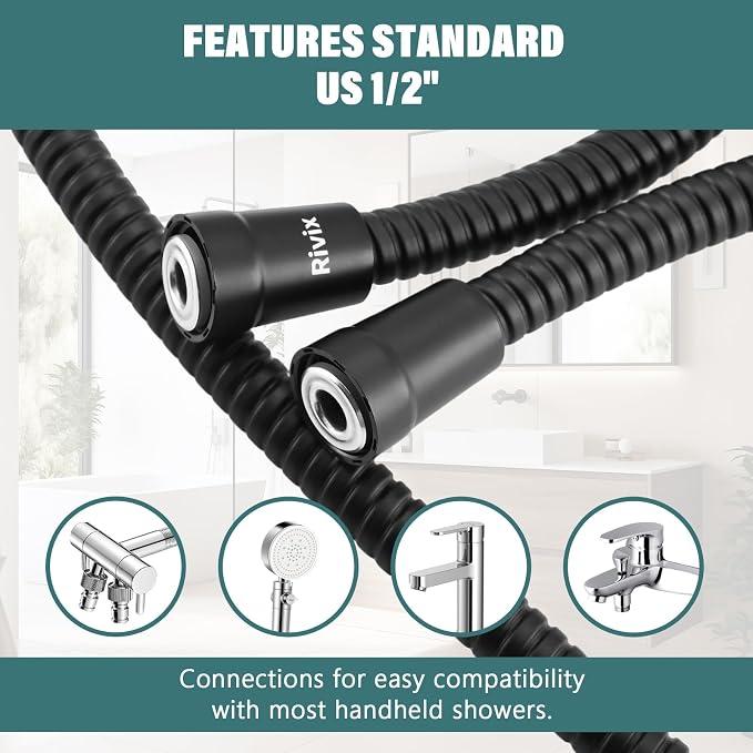 Shower Hose 59-Inch Extra Long Shower Hose-Replacement-PVC Encapsulated Stainless Steel Core,Rust-Resistant &No Teflon Tape Needed,Flexible&Kink-Resistant for Handheld Shower Heads Pets,RV Black