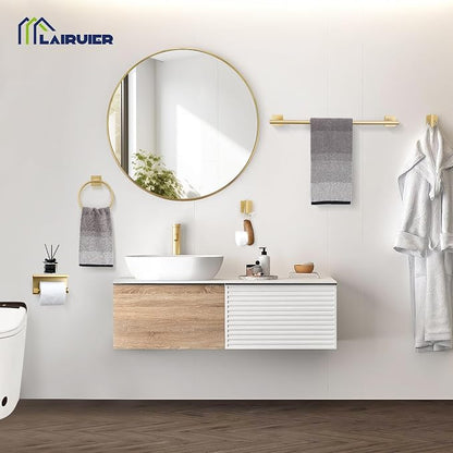 Lairuier Bathroom Hardware Set Brushed Gold, Towel Holder Set Wall Mounted | Bathroom Accessories Set, SUS304 Stainless Steel 23.6" Towel Bar, Toilet Paper Holder with Shelf, Towel Ring and Towel Hooks