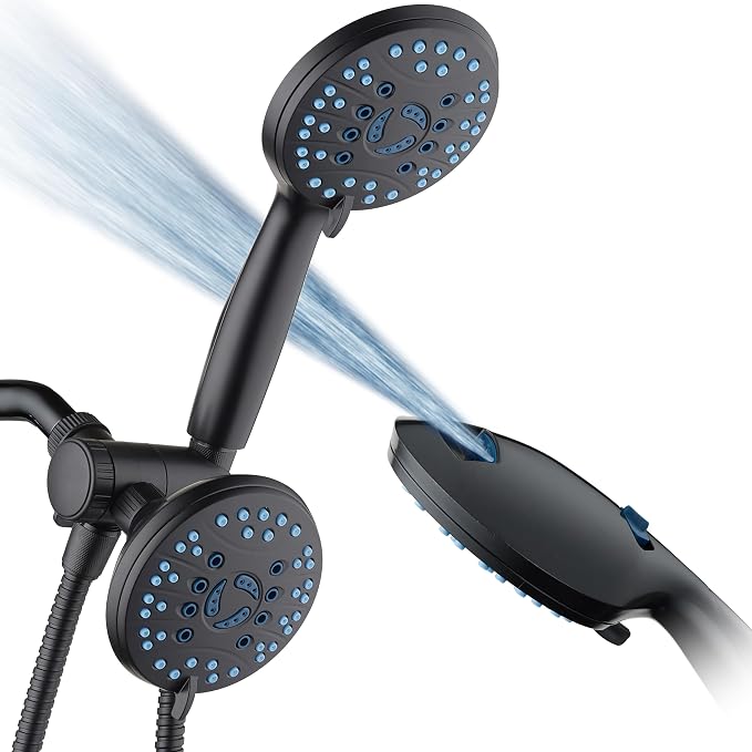 AquaCare 48-mode High Pressure 3-way Shower Head Combo w/ 2-mode Power Wash | Pure Clean Jets, Dual Handheld Power Wash for Tub, Tile & Pets, Long 6 ft. Stainless Steel Hose, Extra Wall Bracket / Black