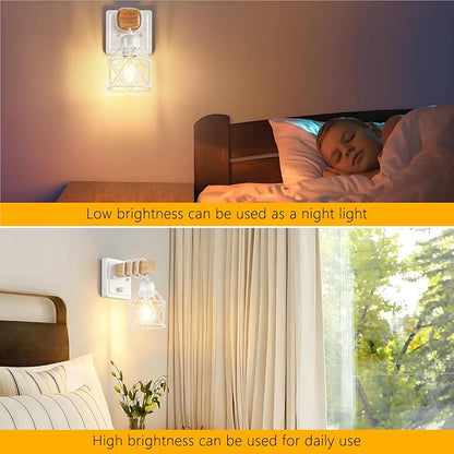 FadimiKoo Wall Sconces Set of Two, Farmhouse Hardwired White Wall Lamps with Wooden Arm & On/Off Dimmable Switch, Modern Bathroom Light Fixtures with Metal Shade for Living Room, Hallway, Bedroom