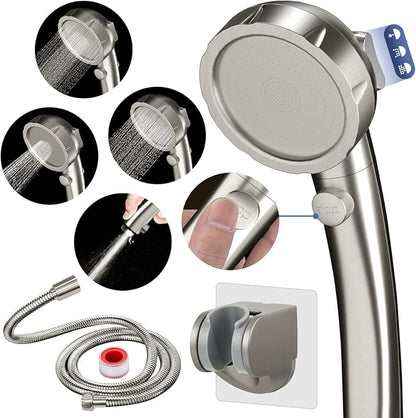 HANLIAN On/Off High Pressure Handheld Shower Head for RV Camper | 3 Spray Modes Shower Head with Pause Button, Water Saving Shower Head with Hose and Self-adhesive Holder(Brushed Nickel)