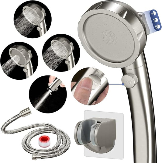 HANLIAN On/Off High Pressure Handheld Shower Head for RV Camper | 3 Spray Modes Shower Head with Pause Button, Water Saving Shower Head with Hose and Self-adhesive Holder(Brushed Nickel)
