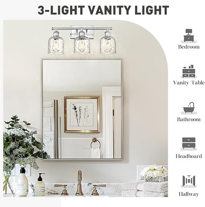 zeyu 20.8'' Modern Bathroom Vanity Lamp, 3-Light Wall Mirror Light for Bathroom, Brushed Nickel Finish with Clear Hammered Glass, ZJF63B-3W BN