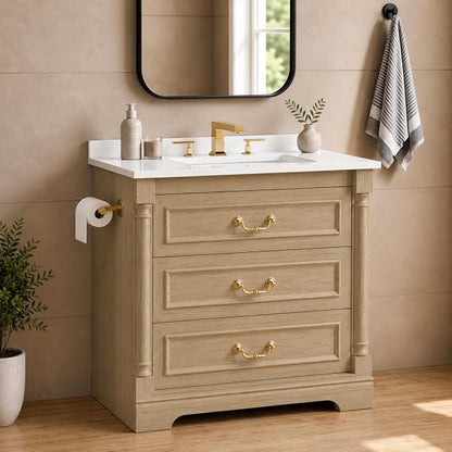 YESHOMY 30" Bathroom Vanity with Sink, Marble-Look Countertop, Natural Wood | Freestanding Storage Cabinet with Ceramic Basin, Tilt-Out Drawer and Additional Drawers for Bathroom