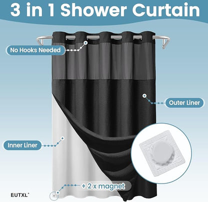 EUTXL Heavyweight No Hook Shower Curtain with Liner, Black,71x80 | Snap in Liner, 256GSM Thick Waffle Fabric, Hotel Luxury Spa, Corner Magnets, Quick Dry, Waterproof & Washable, Long Size