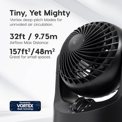 IRIS USA WOOZOO Small Desk Fan, Air Circulator, 3 Speeds, 32ft Max Air Distance, 120° Adjustable Tilt, 27.5db Quiet Motor, Small Fan for Bedroom, Office, Dorm, Black