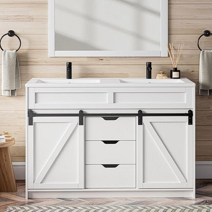48 Inch Bathroom Vanity with Double Sink Combo, Farmhouse Bathroom Cabinet Set with Sliding Barn Door & 3 Drawers, Freestanding Bath Vanities, White