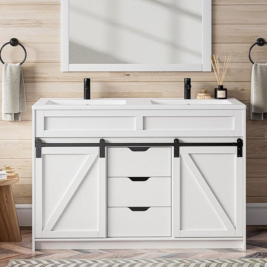 48 Inch Bathroom Vanity with Double Sink Combo, Farmhouse Bathroom Cabinet Set with Sliding Barn Door & 3 Drawers, Freestanding Bath Vanities, White