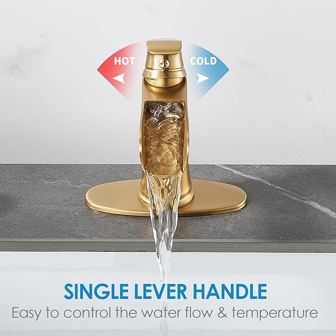 Brushed Gold Bathroom Sink Faucet, Sanliv Single Handle Waterfall Bathroom Faucet with Pop-Up Drain & Deck Plate for 1 or 3-Hole (4 inch) Modern Brass Vanity Faucets, Champagne Bronze