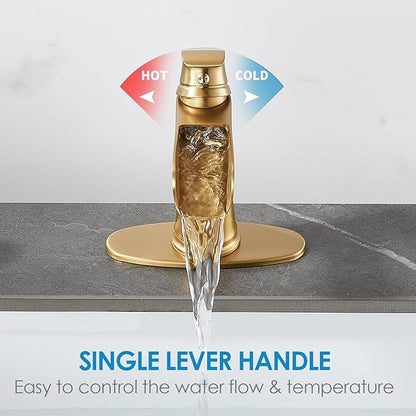 Brushed Gold Bathroom Sink Faucet, Sanliv Single Handle Waterfall Bathroom Faucet with Pop-Up Drain & Deck Plate for 1 or 3-Hole (4 inch) Modern Brass Vanity Faucets, Champagne Bronze