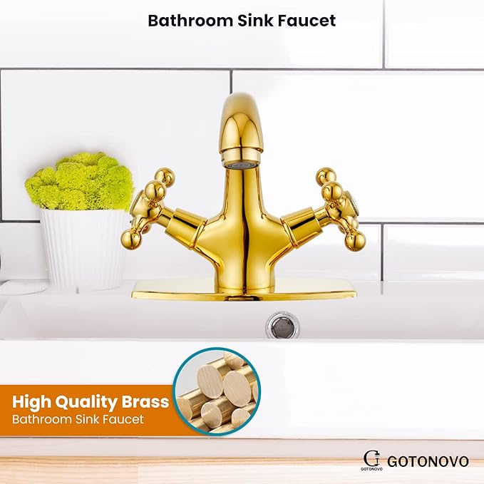 gotonovo Bathroom Sink Faucet Single Hole Double Cross Handle Knobs Lavatory Vessel Sink Mixer Tap Bathroom Faucet with Pop up Drain and Deck Cover Plate Polish Gold