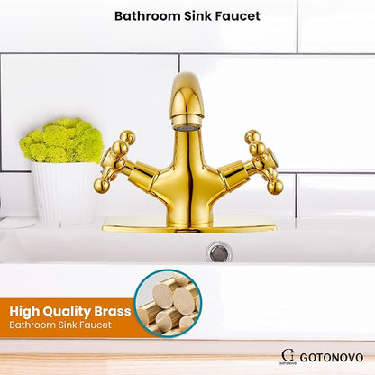 gotonovo Bathroom Sink Faucet Single Hole Double Cross Handle Knobs Lavatory Vessel Sink Mixer Tap Bathroom Faucet with Pop up Drain and Deck Cover Plate Polish Gold