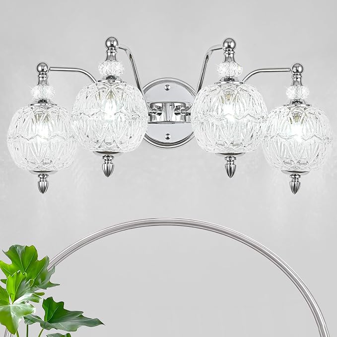 Brushed Chrome Bathroom Vanity Light, 4-Light Mid Century Modern Brushed Chrome Finish Wall Sconce with Globe Glass Shades, Retro Mirror Light for Bathroom, Powder Room