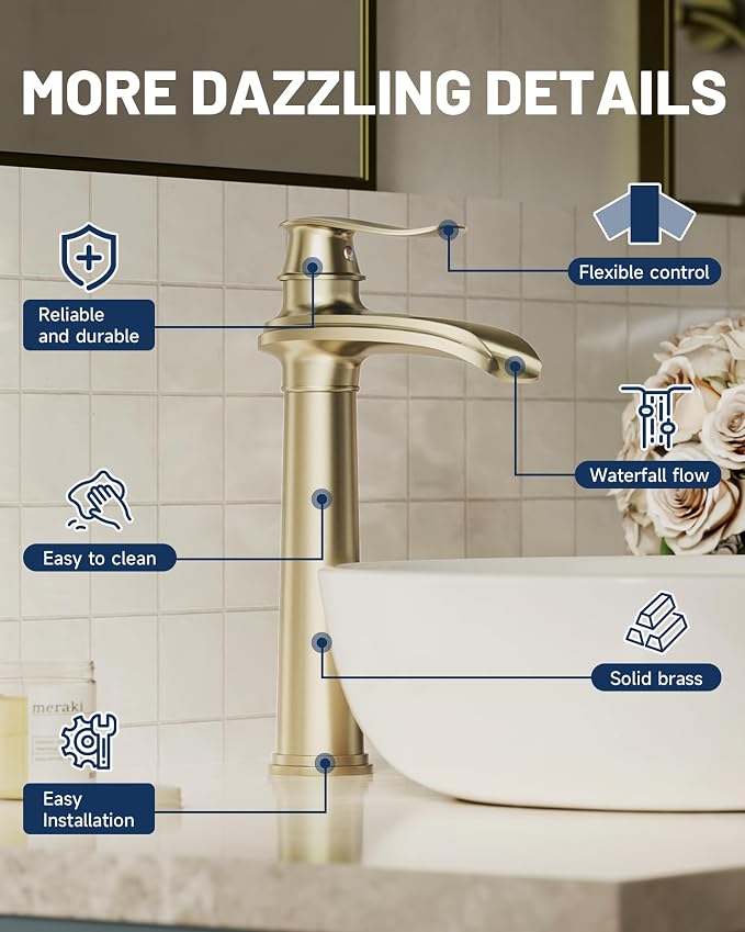 Brushed Gold Vessel Sink Faucet Brass Waterfall Bathroom Faucet Single Hole | with Pop Up Drain Assembly and Supply Hoses, Single Handle Tall Bathroom Faucets Lavatory Vanity Mixer Tap by BATHLAVISH