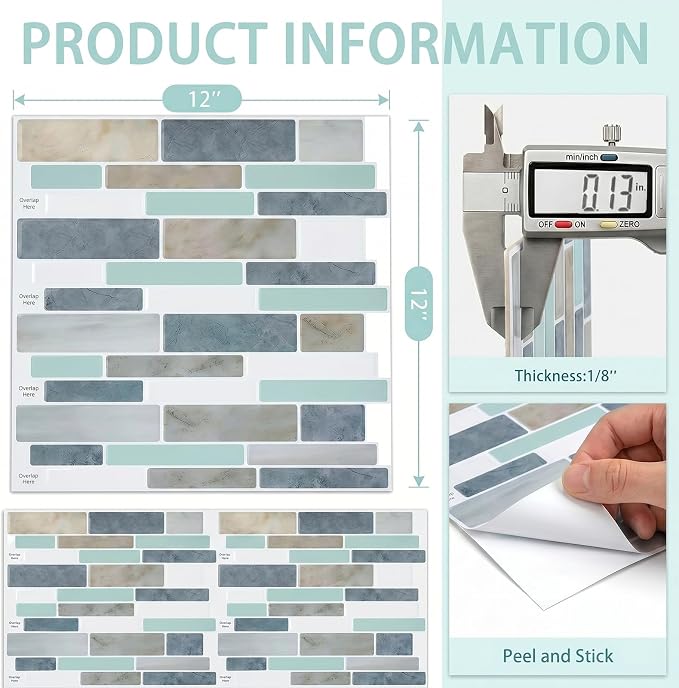 Arttown Peel and Stick 3D Wall Backsplash, 10-Sheet, 12" × 12" Blue Gray | Subway Tiles Self Adhesive Thicker Design Wall Tile Panel Wallpaper for Kitchen Bathroom Balcony