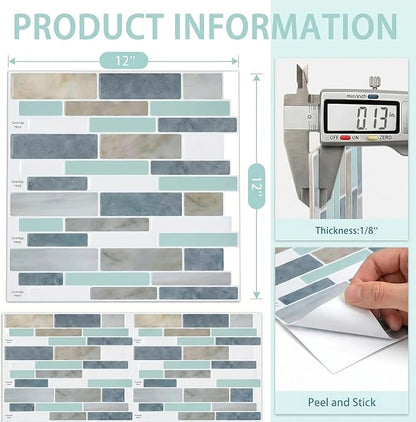 Arttown Peel and Stick 3D Wall Backsplash, 10-Sheet, 12" × 12" Blue Gray | Subway Tiles Self Adhesive Thicker Design Wall Tile Panel Wallpaper for Kitchen Bathroom Balcony