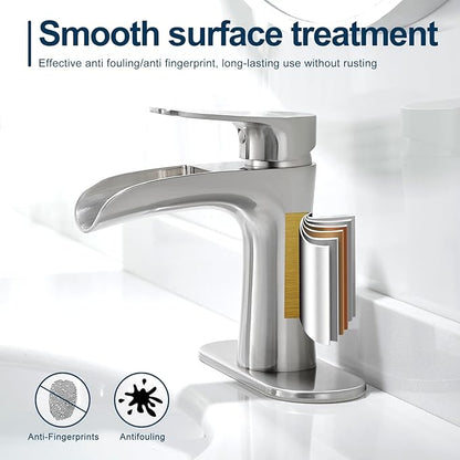 VOTON Bathroom Faucets Brushed Nickel Single Handle Waterfall Sink Faucet One Hole or Three Holes with Deck Mount Vanity Farmhouse RV Vessel Basin Faucet