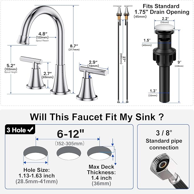 Bathroom Faucet 3 Hole, Chrome Faucets with Pop-up Drain and Supply Lines | Hurran Stainless Steel Lead-Free Widespread Bathroom Sink Faucet for Vanity RV Restroom Laundry Outdoor Utility Sink