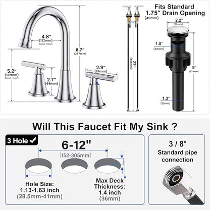 Bathroom Faucet 3 Hole, Chrome Faucets with Pop-up Drain and Supply Lines | Hurran Stainless Steel Lead-Free Widespread Bathroom Sink Faucet for Vanity RV Restroom Laundry Outdoor Utility Sink