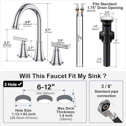 Bathroom Faucets for Sink 3 Hole, Hurran Chrome Bathroom Sink Faucet with Pop-up Drain and Supply Lines, Stainless Steel Lead-Free Widespread Faucet for Vanity RV Farmhouse Sink