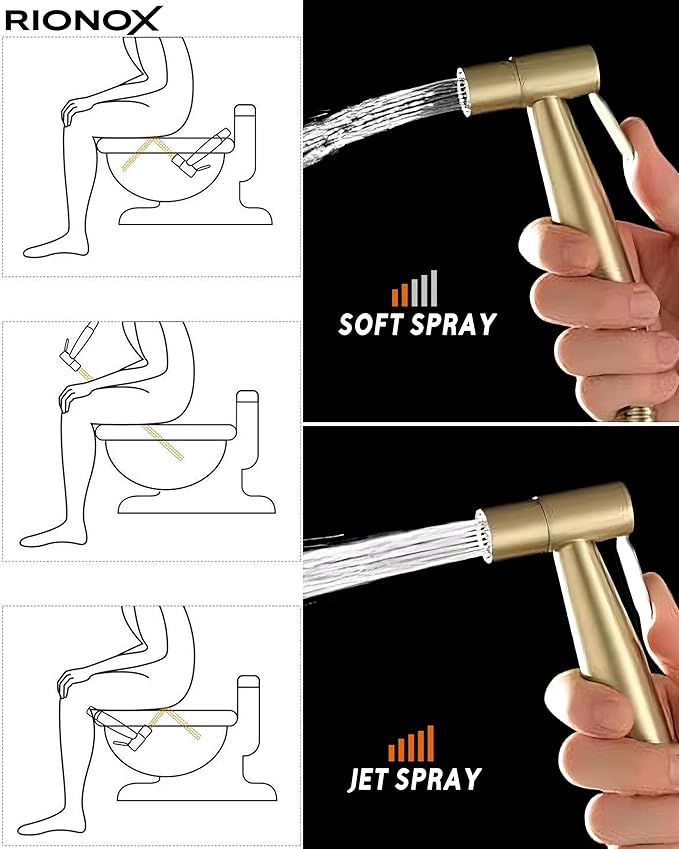 Handheld Bidet Sprayer Kit - Adjustable Water Pressure Jet for Toilet, Bidet for Toilet, Easy Installation, Quality Stainless Steel, Durable Internals, Leakproof Design (Gold)