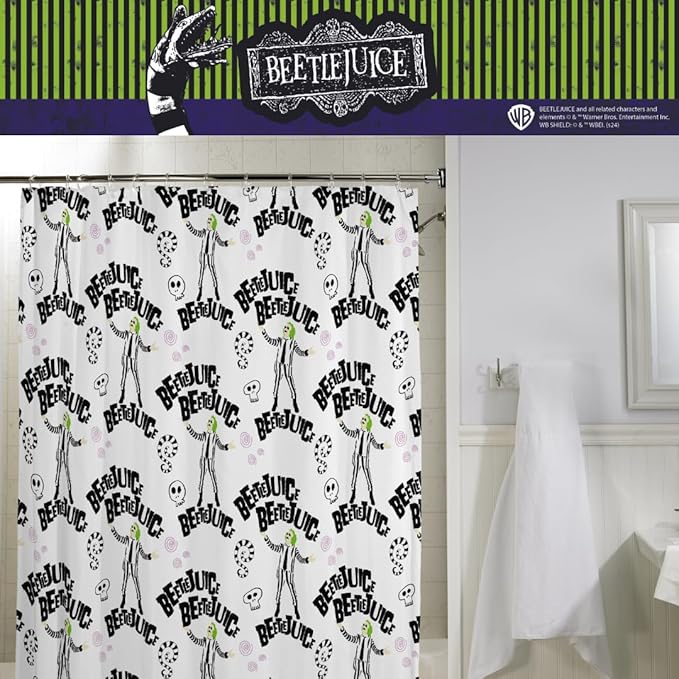 Beetlejuice Halloween 13-Piece Shower Curtain Set, 72 x 72 Inch Fabric Curtain with Hooks, Bathroom Decor, Machine Washable, (100% Officially Licensed Product) by Franco Collectibles