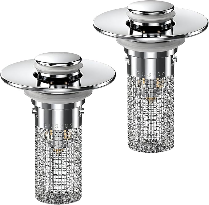 2PCS Bathroom Sink Stopper Hair Catcher, Pop Up Sink Drain Stopper with Strainer & Filter, Universal Drain Plug for Sink Drain & Replacement, Sink Drain Cover with Basket for Bathroom Stopper