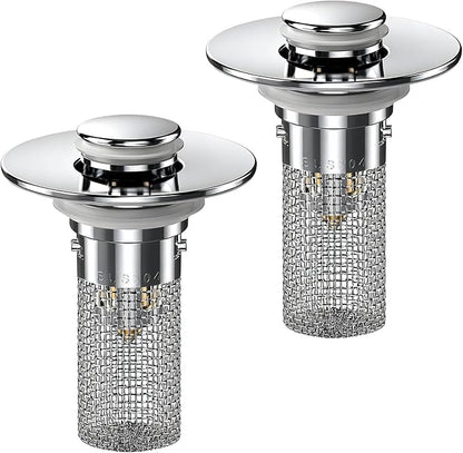 2PCS Bathroom Sink Stopper Hair Catcher, Pop Up Sink Drain Stopper with Strainer & Filter, Universal Drain Plug for Sink Drain & Replacement, Sink Drain Cover with Basket for Bathroom Stopper