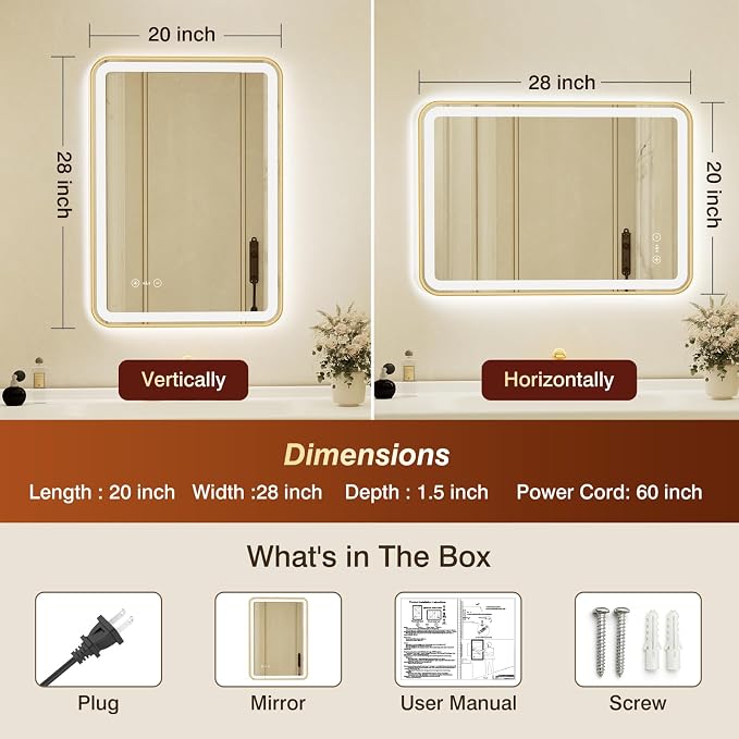 20x28 Inch Gold Framed LED Bathroom Mirror with Lights,Smart Bathroom Mirror,Motion Sensor,Anti-Fog,Stepless Dimmable & 3 Colors,Memory,Vanity Mirror for Wall