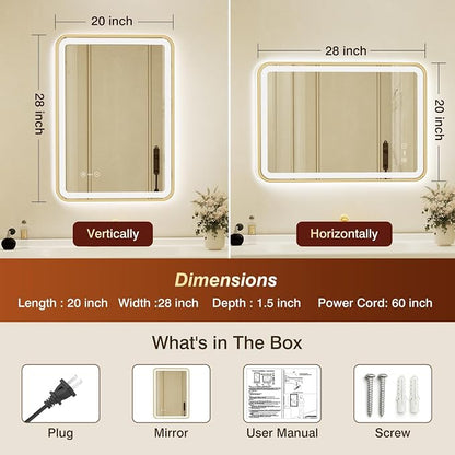 20x28 Inch Gold Framed LED Bathroom Mirror with Lights,Smart Bathroom Mirror,Motion Sensor,Anti-Fog,Stepless Dimmable & 3 Colors,Memory,Vanity Mirror for Wall