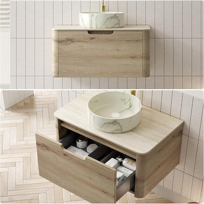 Bathroom Vanity with Sink, 30" Wall-Mounted Bathroom Storage Cabinet with Round Ceramic Basin & Soft-Close Undermount Drawer, Modern Pre-assembled Floating Vanity with Curved Design, White Oak