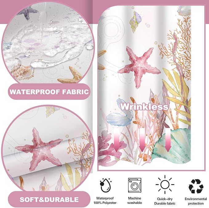 No Hook Shower Curtain and Liner Set, Watercolor Pink Beach Coastal 71x74 | Nautical Ocean for Bathroom, with Snap in Liner Replacement, Mesh Top Window, Waterproof, Machine Washable, Quick-Drying