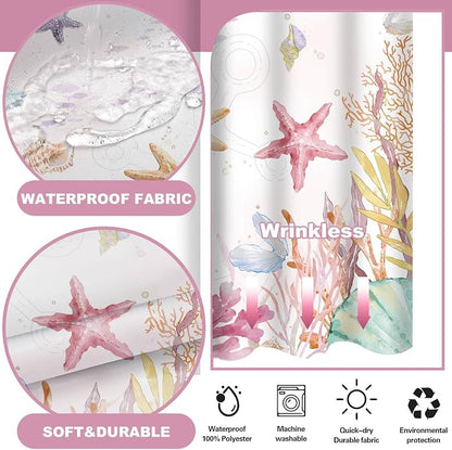 No Hook Shower Curtain and Liner Set, Watercolor Pink Beach Coastal 71x74 | Nautical Ocean for Bathroom, with Snap in Liner Replacement, Mesh Top Window, Waterproof, Machine Washable, Quick-Drying