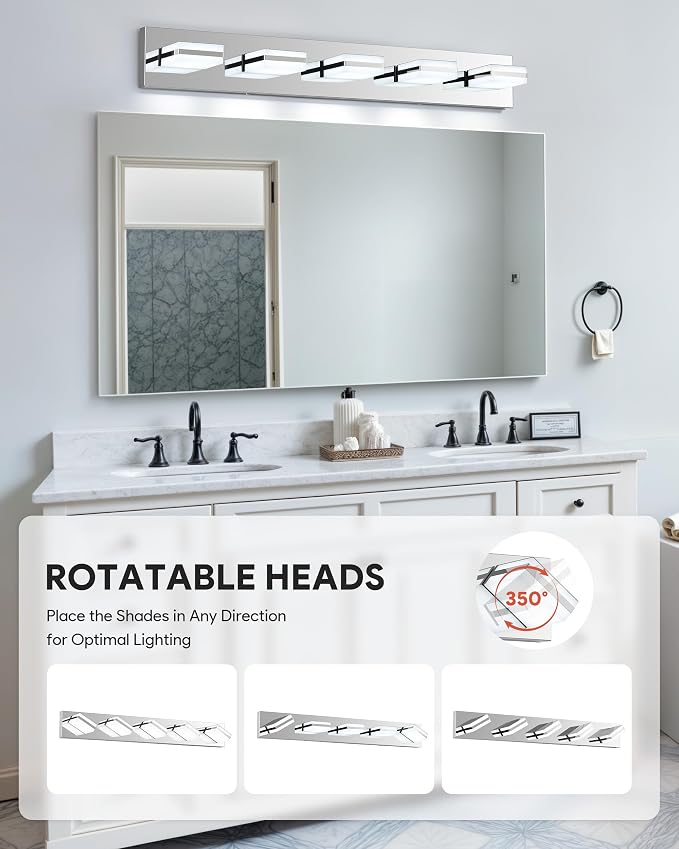 VONLUCE LED Modern Bathroom Vanity Light Fixture, Chrome | 34'', 5-Light, 3CCT, 360° Rotate, High CRI, Flicker-free, Dimmable, Memory Function, Waterproof IP44, Easy Installation