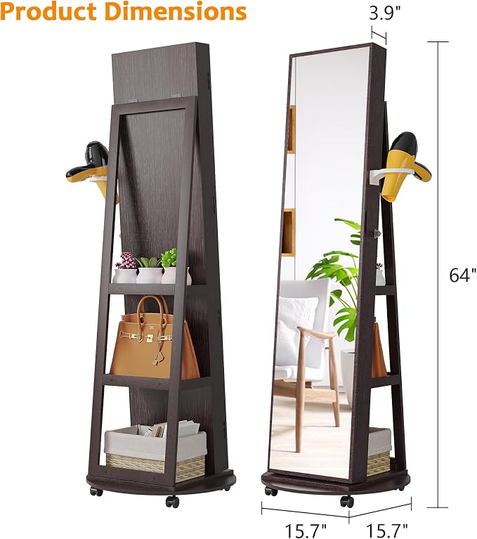 360 Rotating Jewelry Armoire Organizer with Lights, Lockable Cabinet Standing, Perfect for Christmas Gifts (Brown)