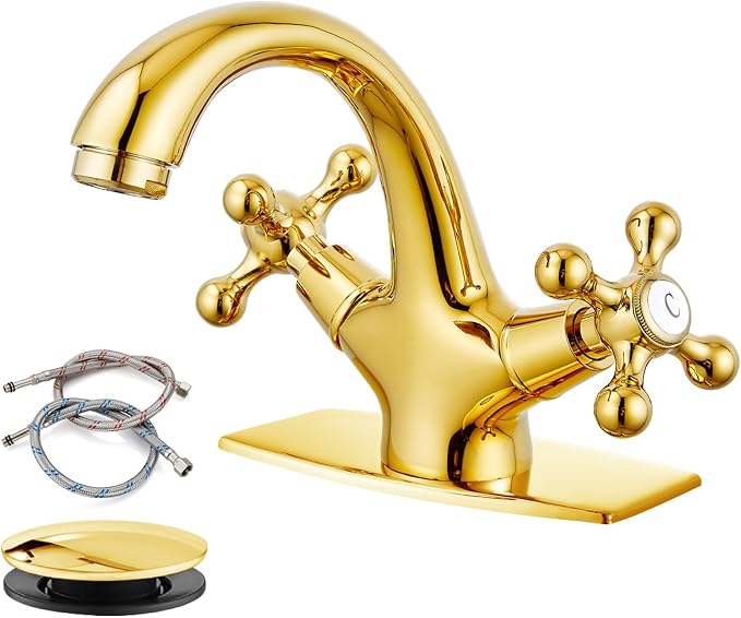 gotonovo Bathroom Sink Faucet Single Hole Double Cross Handle Knobs Lavatory Vessel Sink Mixer Tap Bathroom Faucet with Pop up Drain and Deck Cover Plate Polish Gold