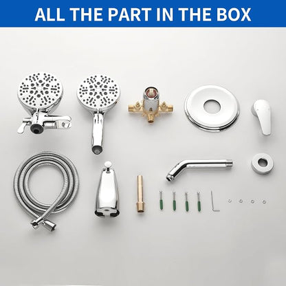 Dual Shower Faucet Set With Tub Spout - Complete Combo System With Handheld and Head - Trim Kit Chrome Polished Fixtures