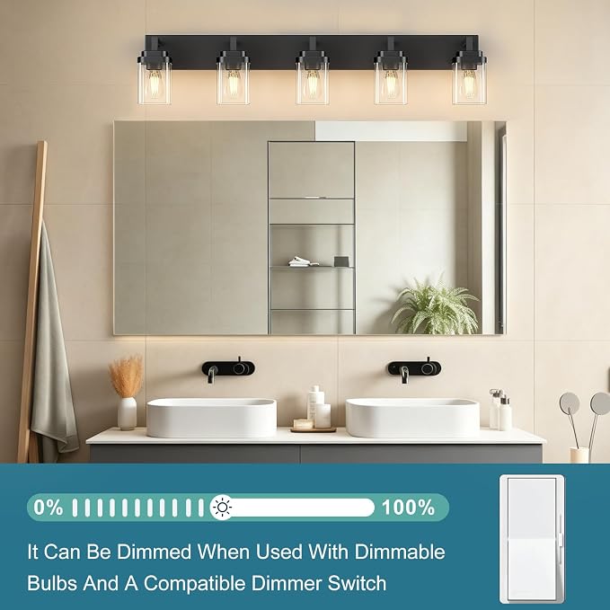 Matte Black Bathroom Light Fixtures, Modern Vanity Lights with Clear Glass Lamp Shade, Bathroom Lighting Fixtures Over Mirror, Restroom Vanity Lighting Fixture, 5-Light 36 Inch