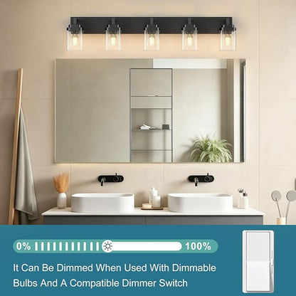 Matte Black Bathroom Light Fixtures, Modern Vanity Lights with Clear Glass Lamp Shade, Bathroom Lighting Fixtures Over Mirror, Restroom Vanity Lighting Fixture, 5-Light 36 Inch