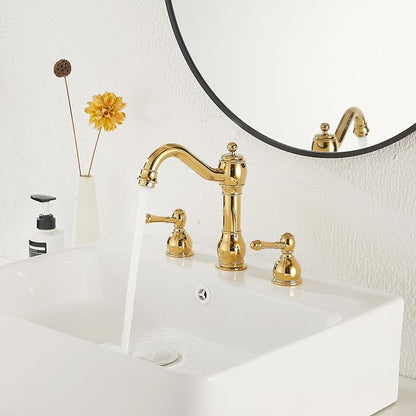 2 Handles 3 Holes Faucet Widespread Bathroom Sink Faucet Basin Tap Mixer Supply Hose Included Matching Pop Up Drain Polished Gold