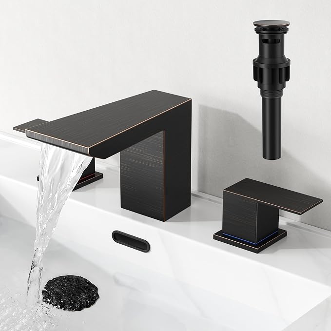 RUMOSE Bathroom Faucets 3 Hole Bronze Bathroom Sink Faucet with Drain | 8 Inch Mixer Widespread Waterfall Vanity Two Handle Lavatory Bath Tap, Pop Up Drain, Stainless Steel