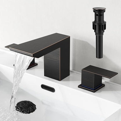 RUMOSE Bathroom Faucets 3 Hole Bronze Bathroom Sink Faucet with Drain | 8 Inch Mixer Widespread Waterfall Vanity Two Handle Lavatory Bath Tap, Pop Up Drain, Stainless Steel