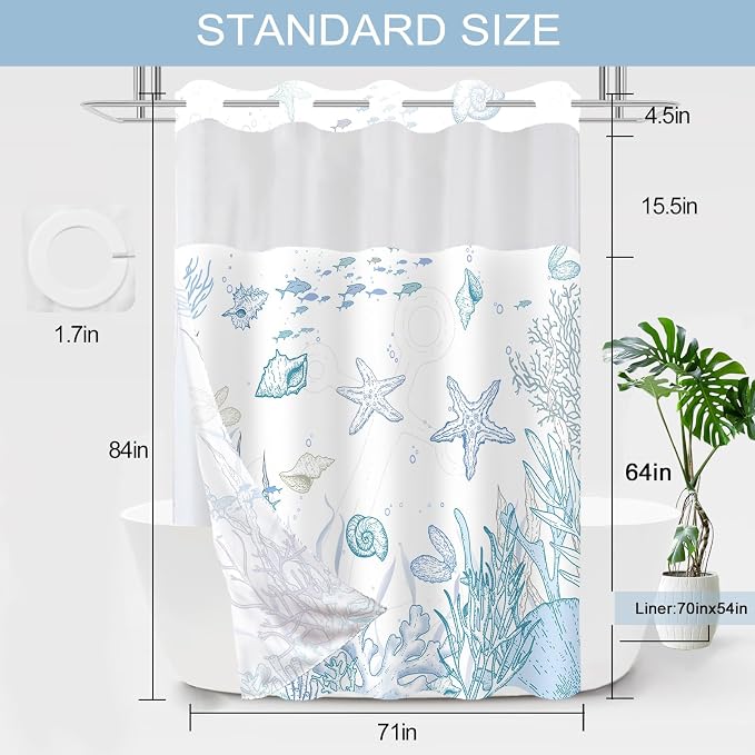 Extra Long No Hook Shower Curtain and Liner Set, Blue Beach Coastal 71x84 | Nautical Ocean for Bathroom, with Snap in Liner Replacement, Mesh Top Window, Waterproof, Machine Washable, Quick-Drying