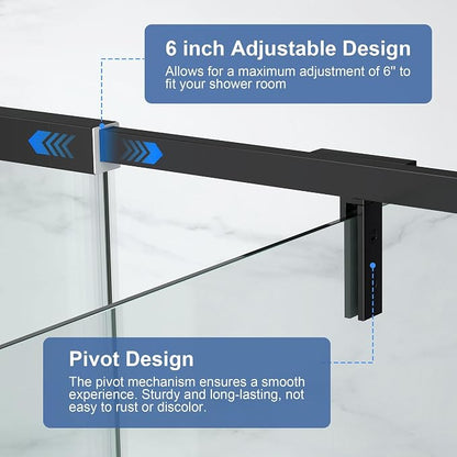 42-48" W x 72" H Semi Frameless Pivot Shower Door Matte Black | 1/4"(6mm) SGCC Tempered Glass with Explosion-Proof Film &Nano Coating,Customizable Width