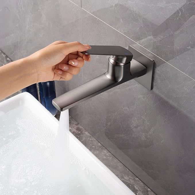Modern Wall Mount Bathroom Faucet – Brushed Gunmetal Gray,Solid Brass Single Handle with Flip Aerator (2 Flow Modes), Rough-in Valve for Concealed Installation