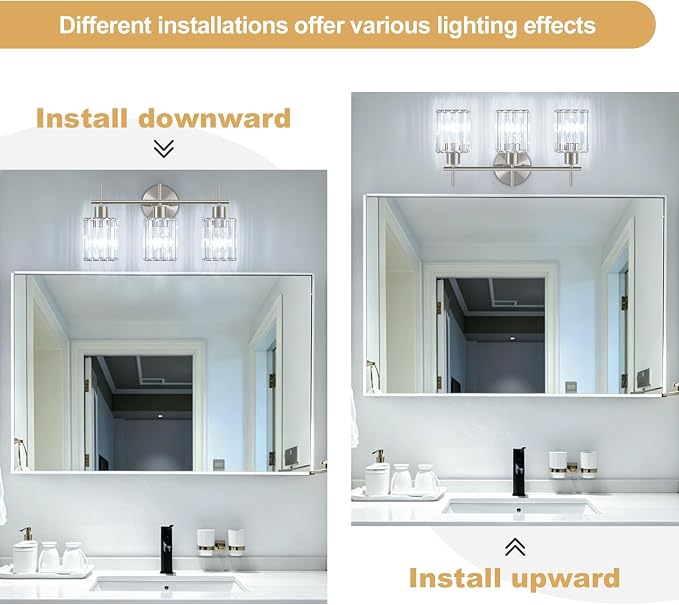 Brushed Nickel Bathroom Light Fixtures, Square, 3-Light | Vanity Lights with Crystal Shades, Modern Bathroom Lighting Fixtures over Mirror (Bulbs Not Included, E26)