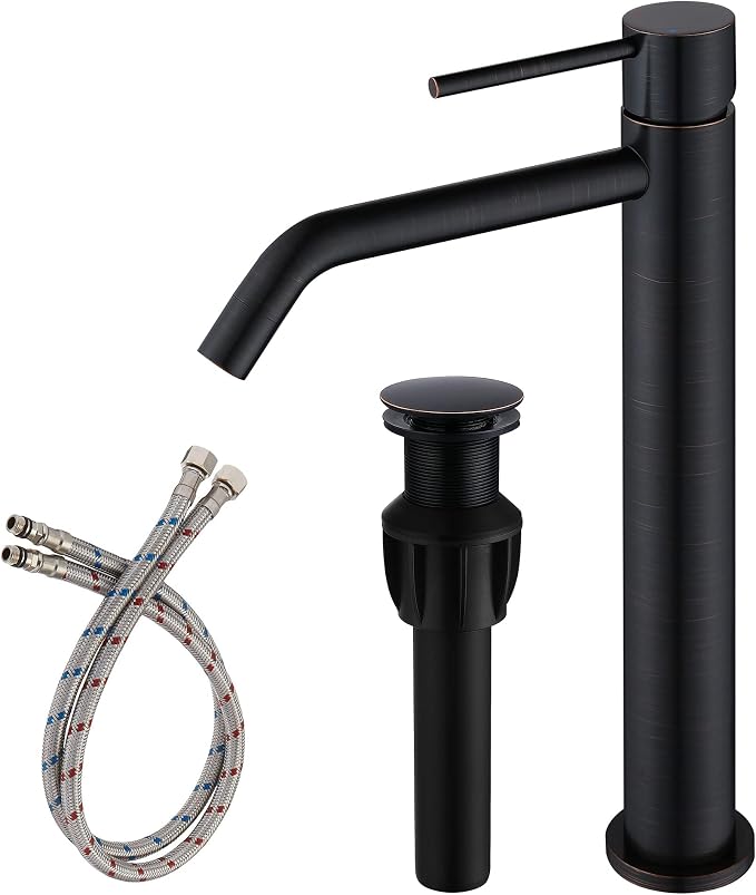 Oil Rubbed Bronze Vessel Sink Faucet with Pop Up Drain and Supply Lines, Stainless Steel Bronze Vanity Faucet Single Hole, JXMMP 1 Handle Bathroom Faucet Oil Rubbed, JXM1001ORB