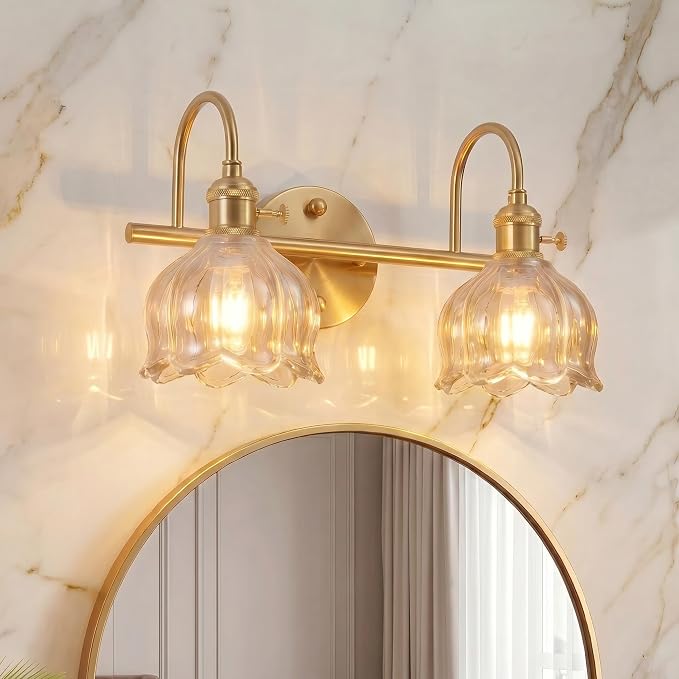 Bathroom Light Fixtures, 3-Light Brass Vanity Wall Light with Amber Tulip Glass Shades, Vintage Wall Sconce Over Mirror for Bathroom, Bedroom, Living Room (Bulbs Not Included) (Amber, 2-Light)