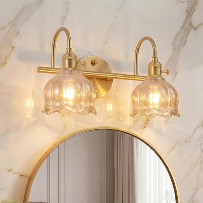 Bathroom Light Fixtures, 3-Light Brass Vanity Wall Light with Amber Tulip Glass Shades, Vintage Wall Sconce Over Mirror for Bathroom, Bedroom, Living Room (Bulbs Not Included) (Amber, 2-Light)